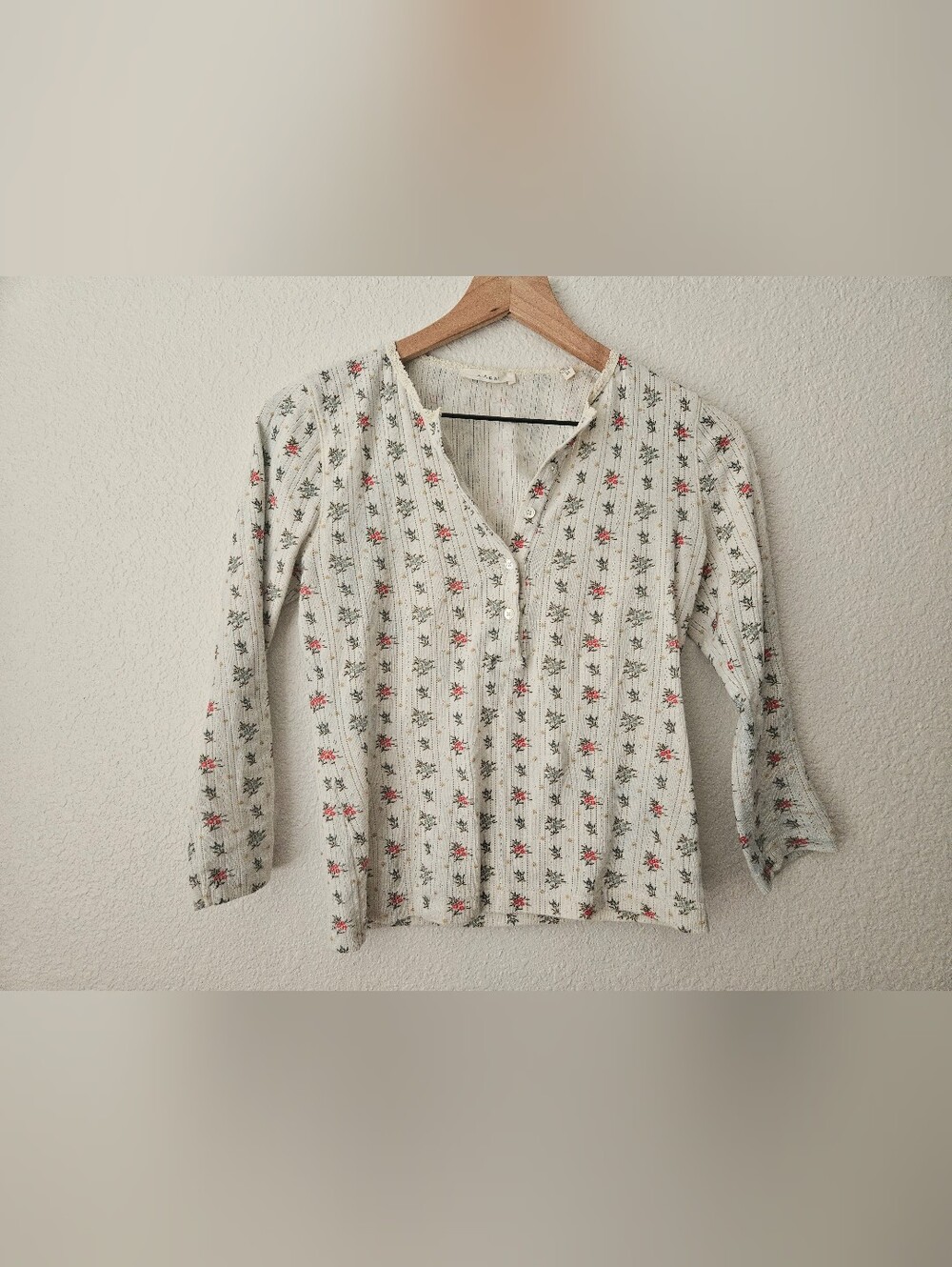 Doen organic cotton floral button henley pointelle long sleeve, medium